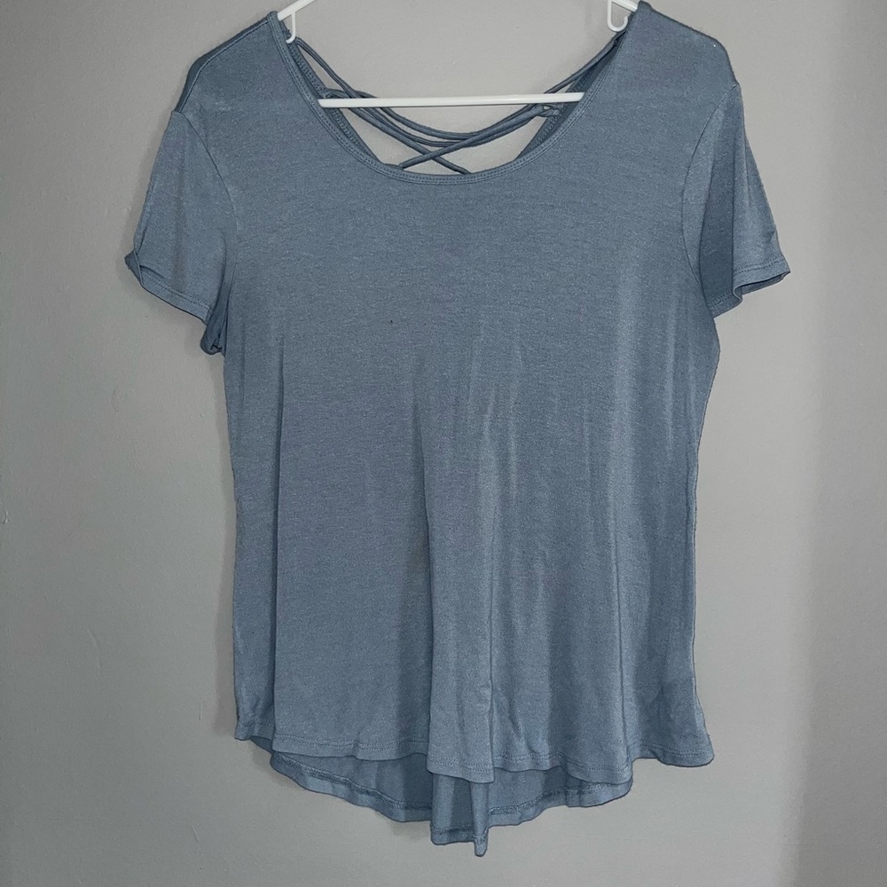 blue flowy t-shirt lace up back